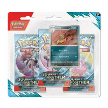 Load image into Gallery viewer, Pokémon TCG: Scarlet & Violet 9 - Journey Together - 3-Pack Blisters are for sale at Gecko Cards! With free UK Postage on all orders over £25 - see the range of Yu-Gi-Oh! Cards, Booster Boxes, Card Sleeves and other trading card game products on our my store - all at great prices!