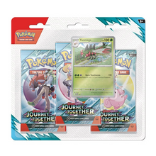 Load image into Gallery viewer, Pokémon TCG: Scarlet & Violet 9 - Journey Together - 3-Pack Blisters are for sale at Gecko Cards! With free UK Postage on all orders over £25 - see the range of Yu-Gi-Oh! Cards, Booster Boxes, Card Sleeves and other trading card game products on our my store - all at great prices!