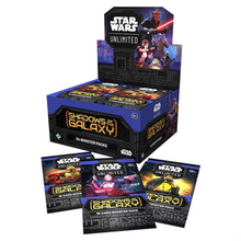 Load image into Gallery viewer, Star Wars: Unlimited Shadows of the Galaxy Booster Boxes are for sale at Gecko Cards! With free UK Postage on all orders over £25 - see the range of TCG Cards, Booster Boxes, Card Sleeves and other Trading Card Game products on our store - all at great prices!