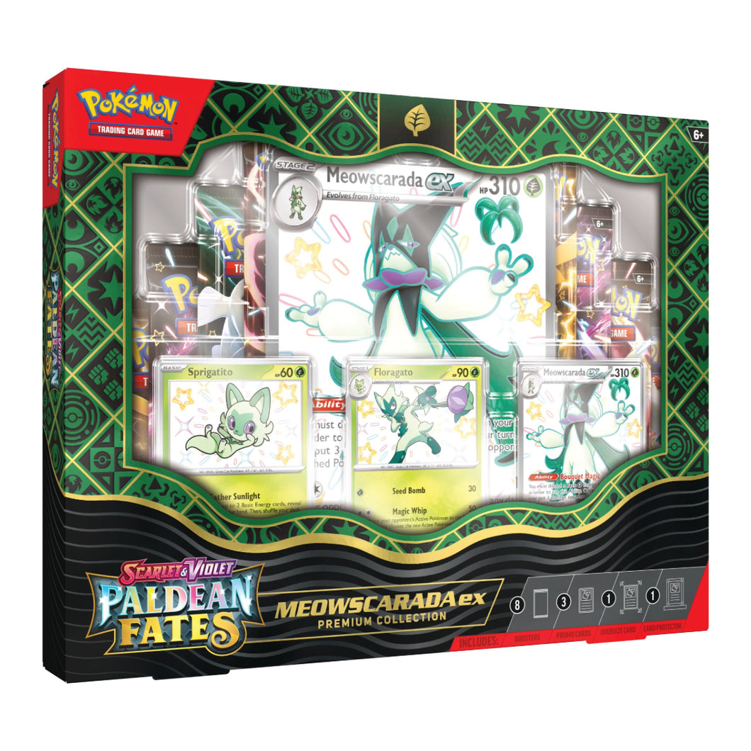 Pokémon Scarlet & Violet 4.5 Paldean Fates Premium Collections - Meowscarada/Quaquaval/Skeledirge (English) are for sale at Gecko Cards! With free UK Postage on all orders over £20 - see the range of Pokémon Cards, Boxes and other trading card game products on our store - all at great prices!