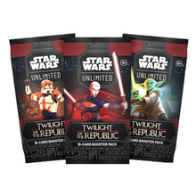 Load image into Gallery viewer, Star Wars: Unlimited Twilight of the Republic Booster Boxes are for sale at Gecko Cards! With free UK Postage on all orders over £25 - see the range of TCG Cards, Booster Boxes, Card Sleeves and other Trading Card Game products on our store - all at great prices!
