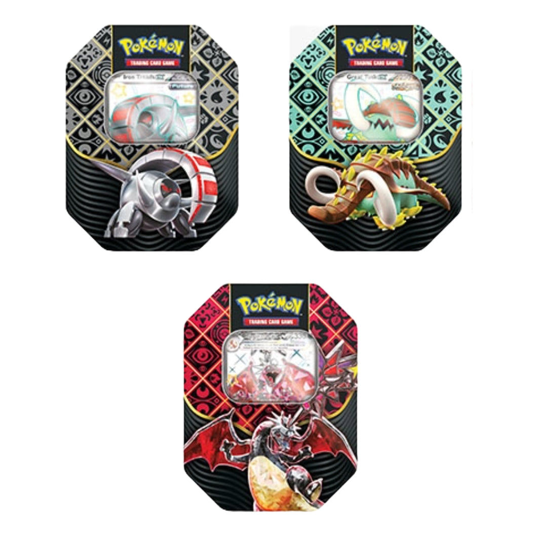 Pokémon Scarlet & Violet 4.5 Paldean Fates 5-Booster Tins - Great Tusk/Iron Treads/Charizard are for sale at Gecko Cards! With free UK Postage on all orders over £20 - see the range of Pokémon Cards, Boxes and other trading card game products on our store - all at great prices!