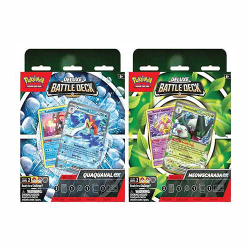 Pokémon Quaquaval & Meowscarada EX Deluxe Battle Decks are for sale at Gecko Cards! With free UK Postage on all orders over £20 - see the range of Pokémon Cards, Boxes and other trading card game products on our store - all at great prices!